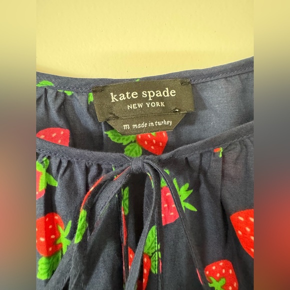 Kate Spade Navy Blue with Strawberry Print Tossed strawberry puff sleeve top - Picture 4 of 11